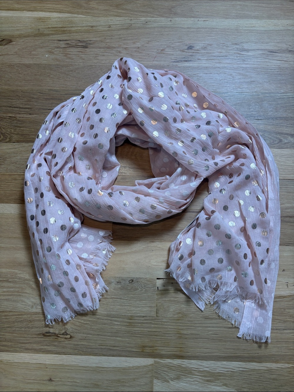 Light Pink Scarf with Metallic Gold Polka Dots - Women's Fashion Wrap